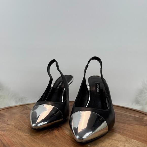 Nine West Sz 8M Black Silver Cap Toe Pointed Slingback Stiletto Heels Pumps Chic - Picture 10 of 14